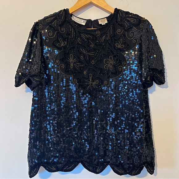 Vintage Braemar by Jeremy Scott 80s glam sequin beaded silk blouse womens medium - Picture 1 of 12
